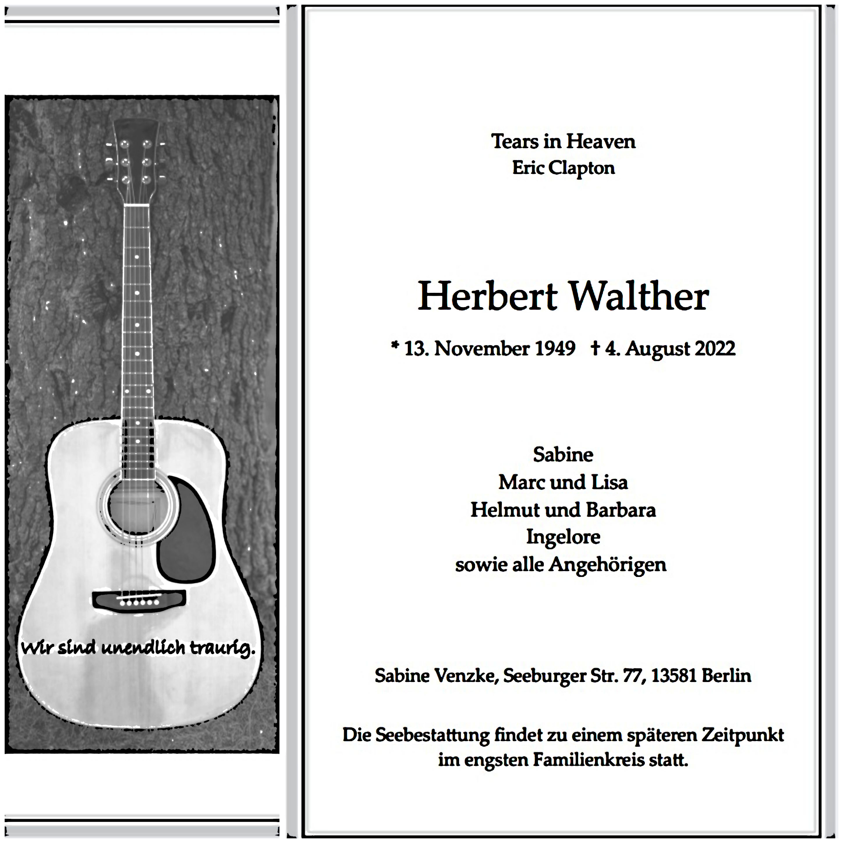 Trauerkarte für Herbert Walthre